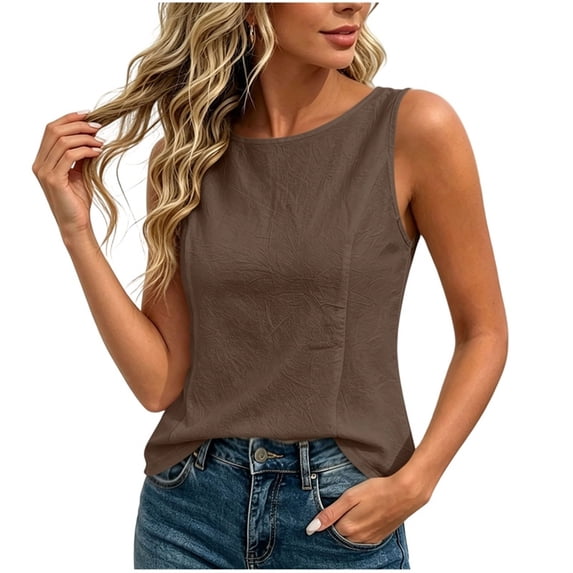 DeHolifer Womens Cropped Tank Tops Cotton Linen Summer Solid Color Sleeveless Loose Blouses Shirt Coffee L