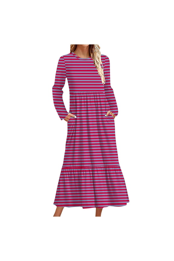 Womens Dresses Crewneck Long Sleeve Strip Print Pleated Fall Fashion Long Dresses Loose Flowy A-Line Dress Hot Pink S