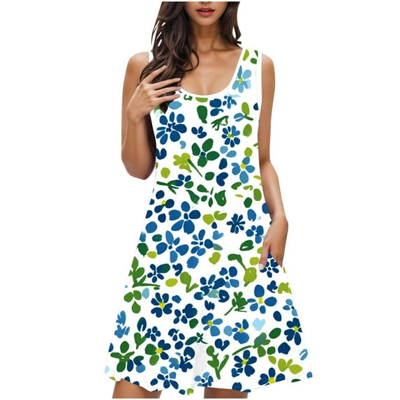 QQAMB Womens Dresses U-Neck Sleeveless Floral Printed Casual Loose Dreses Laides Sleepwear Nightshirt Multicolor S
