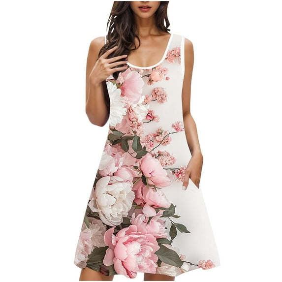 QQAMB Womens Dresses U-Neck Sleeveless Floral Printed Casual Loose Dreses Laides Sleepwear Nightshirt Multicolor S