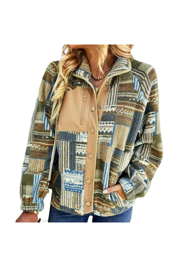 Womens Fleece Jacket Western Aztec Print Long Sleeve Snap Button Down Shacket Winter Jackets with Pockets Army Green L