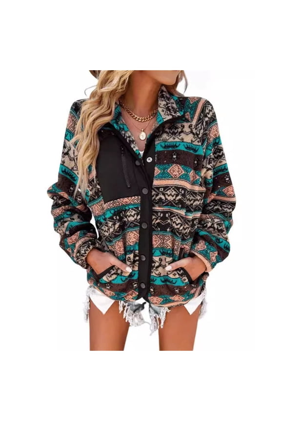 Womens Fleece Jacket Western Aztec Print Long Sleeve Snap Button Down Shacket Winter Jackets with Pockets Black L