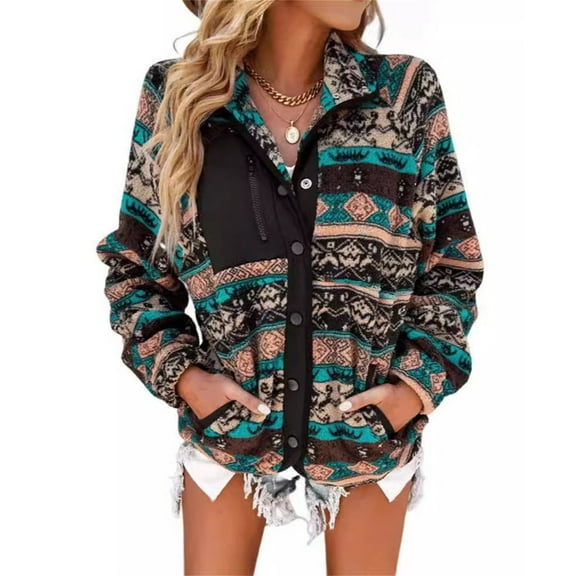 QQAMB Womens Fleece Jacket Western Aztec Print Long Sleeve Snap Button Down Shacket Winter Jackets with Pockets Black M