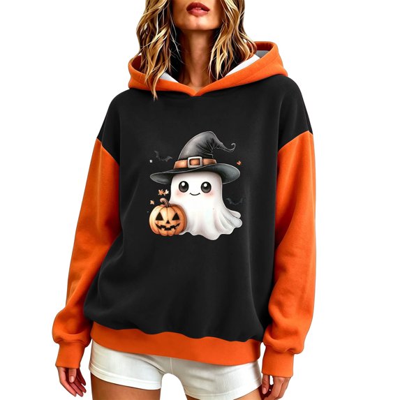 DeHolifer Womens Halloween Sweatshirts Casual Printed Hoodies Lightweight Fall Winter Pullover Tops Black 2XL