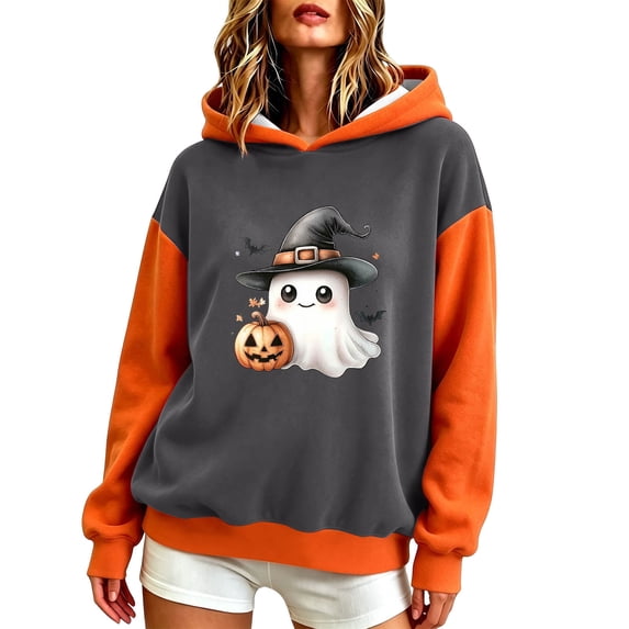 DeHolifer Womens Halloween Sweatshirts Casual Printed Hoodies Lightweight Fall Winter Pullover Tops Gray S
