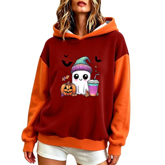 DeHolifer Womens Halloween Sweatshirts Casual Printed Hoodies Lightweight Fall Winter Pullover Tops Red 2XL