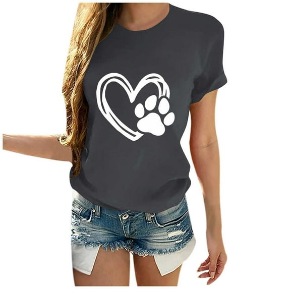 QQAMB Womens Heart Printed T-shirts Short Sleeve Crewneck Casual Fashion Tee T-shirts Loose Casual Fashion Pullover Gray S