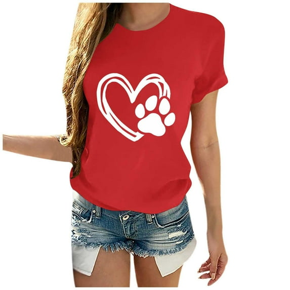 QQAMB Womens Heart Printed T-shirts Short Sleeve Crewneck Casual Fashion Tee T-shirts Loose Casual Fashion Pullover Red XL