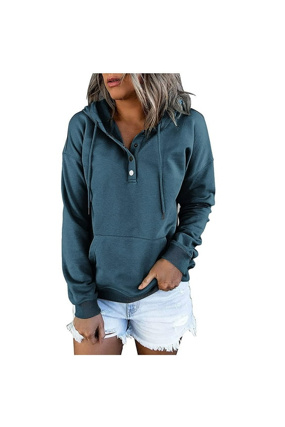 Womens Hooded Sweatshirt Solid Color Button Hoodies Long Sleeve Pocket Pullover Casual Fashion Fall Clothes Tops Navy XL