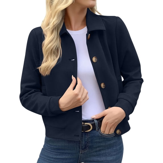 DeHolifer Womens Jackets Casual Solid Color Cropped Coats Button Down Winter Shackets Navy XXL