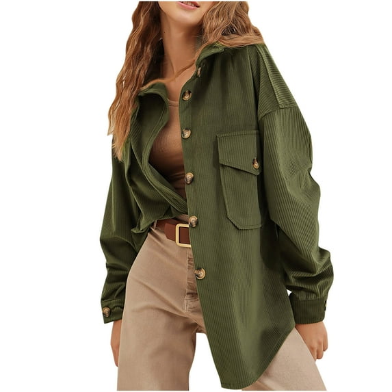 DeHolifer Womens Jackets Corduroy Button Down Shacket Casual Long Sleeve Shirt Jacket Oversized Blouses Tops Green S