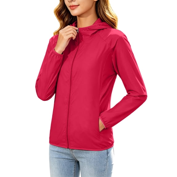 DeHolifer Womens Jakcets Oversized Windbreaker Solid Color Full Zipper Jacket Windproof Outdoor Running Coat Red L
