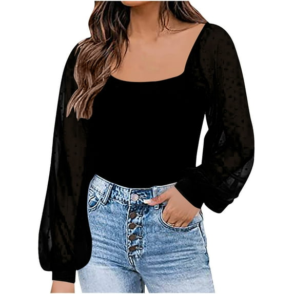 DeHolifer Womens Lace Lantern Sleeves Top U-Collar Long Sleeve Slim Blouse Threaded Pullover Tee Fashion Versatile Shirt Black XL