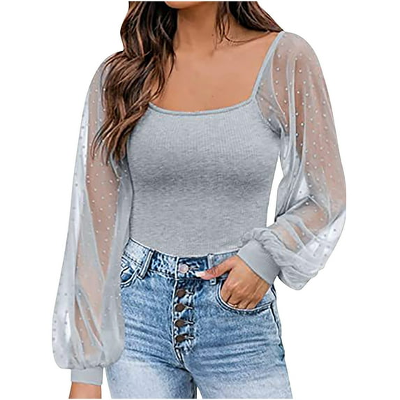 QQAMB Womens Lace Lantern Sleeves Top U-Collar Long Sleeve Slim Blouse Threaded Pullover Tee Fashion Versatile Shirt Gray XL