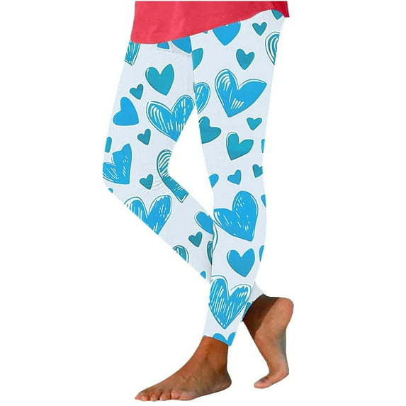 QQAMB Womens Leggings Valentine's Day Heart Printed Sport Fitness High Waisted Elastic Waisted Yoga Pants Blue L