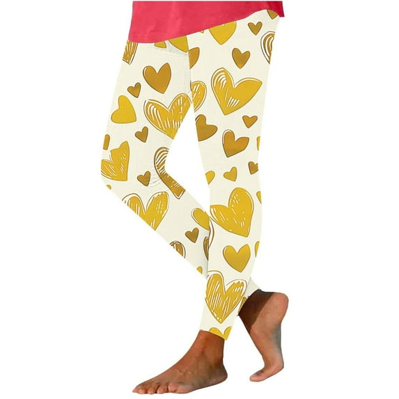 QQAMB Womens Leggings Valentine's Day Heart Printed Sport Fitness High Waisted Elastic Waisted Yoga Pants Yellow 2XL