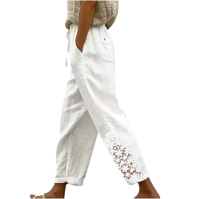 DeHolifer Womens Linen Pants with Pockets High Waist Comfy White Gauze ...
