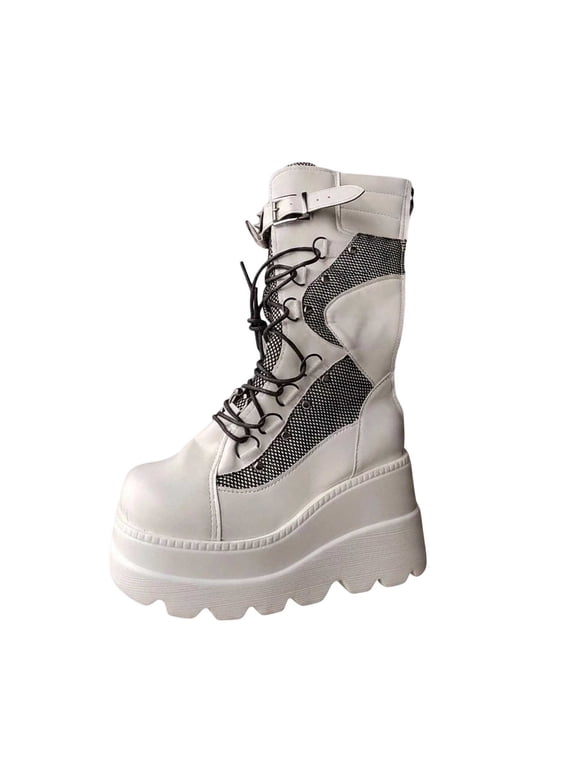 Womens Mid Calf Boots Lace Up Wedge Heel Studded Goth Oversized Knee High Boots