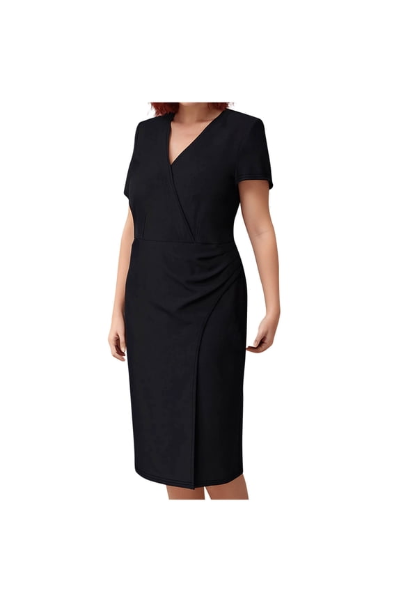 Womens Midi Dress Plus Size Short Sleeve V-Neck Business Casual Summer Dresses Work Solid Formal Dresses Pink 3XL