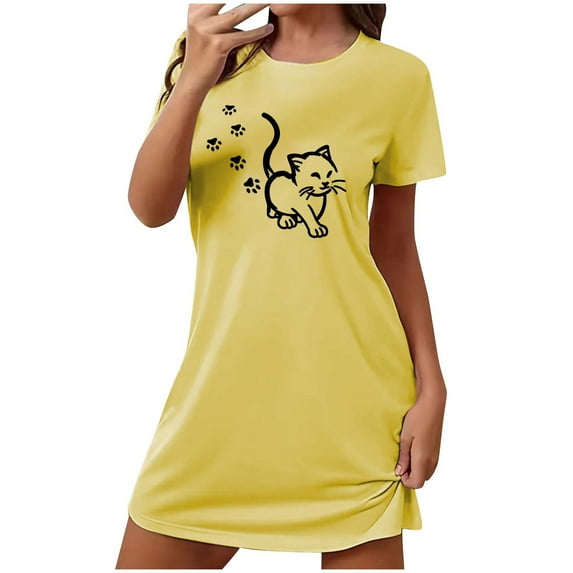 QQAMB Womens Nightgown Plus Size Loose Short Sleeve Night Dress Casual Printed Sleepwear Soft Sleep Shirt Yellow L