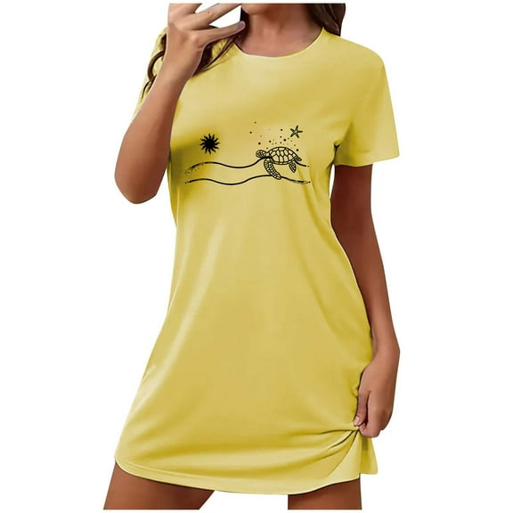 DeHolifer Womens Oversized Nightgown Short Sleeve Printed Sleepshirts Cute Night Shirts Soft Pajama Sleepwear Nightdress Yellow S