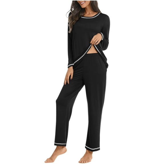DeHolifer Womens Pajama Sets Crewneck Solid Color Long Sleeve Tops and Pant Lounge Sets Soft Sleepwear Loungewear Pajama Sets Black S