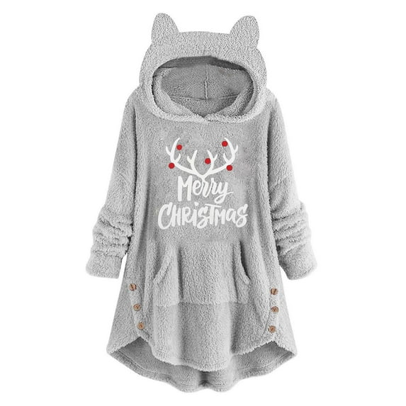 skpabo Christmas Fleece Hoodie Women Oversized Teddy Fleece Hoodies Christmas Jumpers Winter Plush Warm Coat Hooded Sweatshirt Thicken Pullover Plus Size Cozy Pullover