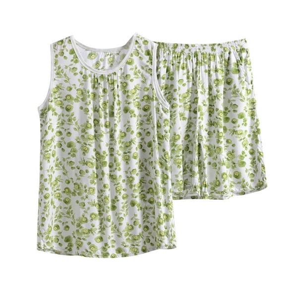 DeHolifer Womens Pajamas Sets 2PC Plus Size Cotton Outfits Casual Sleeveless Floral Printed Tank Top Shorts Loungewear Lounge Sets Green 5XL