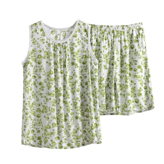 DeHolifer Womens Pajamas Sets 2PC Plus Size Cotton Outfits Casual Sleeveless Floral Printed Tank Top Shorts Loungewear Lounge Sets Green XL