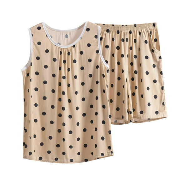DeHolifer Womens Pajamas Sets 2PC Plus Size Cotton Outfits Casual Sleeveless Floral Printed Tank Top Shorts Loungewear Lounge Sets Khaki XL