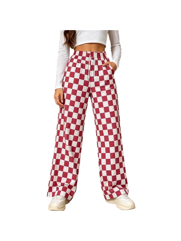Womens Pants Checkered Wide Leg High Waisted Casual Lounge Trousers with Pocket Red L
