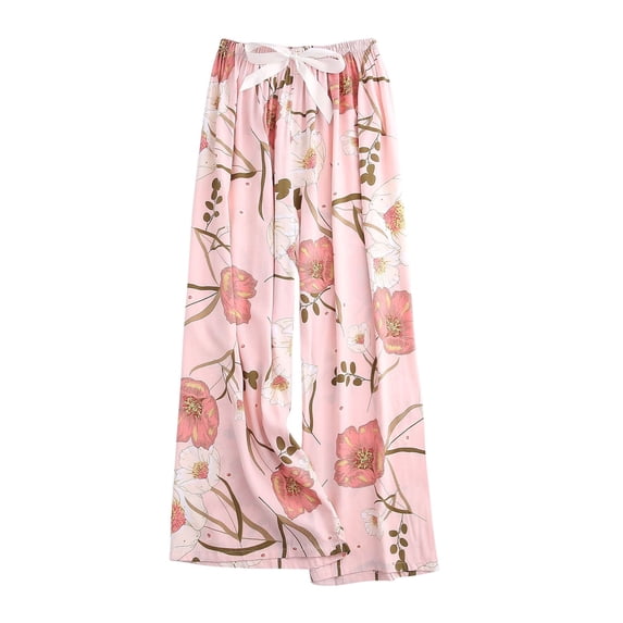 DeHolifer Womens Pants Cotton Elastic Waist Wide Leg Drawstring Floral Print Homewear Outwear Loose Pants Pink Free Size