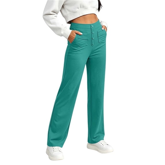 DeHolifer Womens Pants Elastic Waisted Button Solid Color Casual Straight Leg Trousers with Pocket Sky Blue 4XL