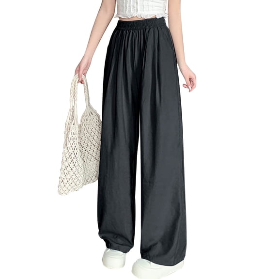 DeHolifer Womens Pants Elastic Waisted High Waisted Cotton Linen Solid Color Wide Leg Baggy Trousers Black L