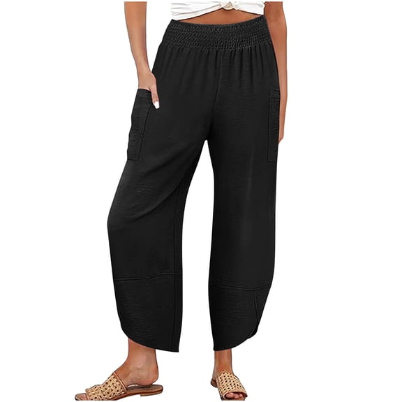 DeHolifer Womens Pants Elastic Waisted Wide Leg Summer Lightweight Casual Loose High Waisted Flowy Beach Trousers Black XL