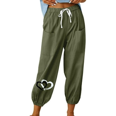 DeHolifer Womens Pants High Waisted Wide Leg Heart Print Lightweight Linen Capris Pants Casual Loose Trousers with Pockets Army Green S