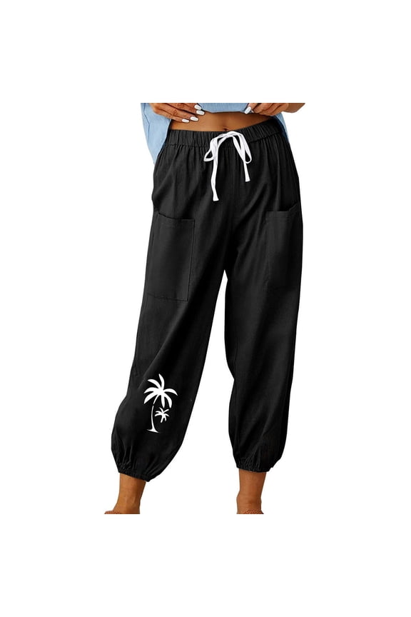 DeHolifer Womens Pants High Waisted Wide Leg Palm Print Lightweight Linen Capris Pants Casual Loose Trousers with Pockets Black XL