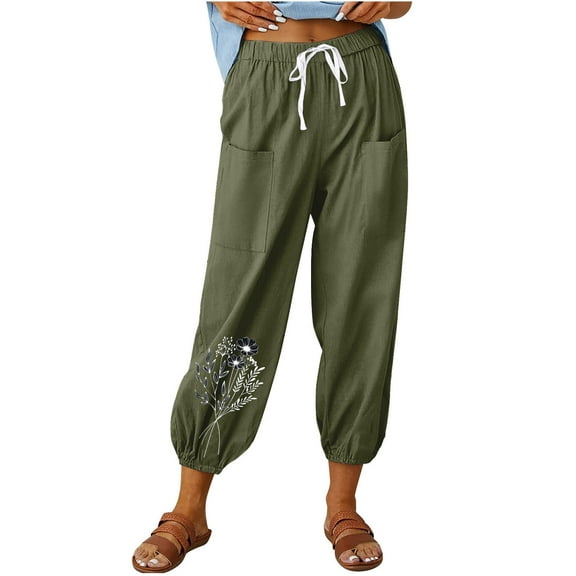 DeHolifer Womens Pants Linen 2024 Lightweight High Waisted Capris Pants Casual Loose Wide Leg Trousers with Pockets Army Green XL