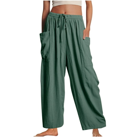 DeHolifer Womens Pants Wide Leg High Waist Loose Comfy Drawstring Capris Pants Solid Casual Fashion Trousers with Pockets Green S