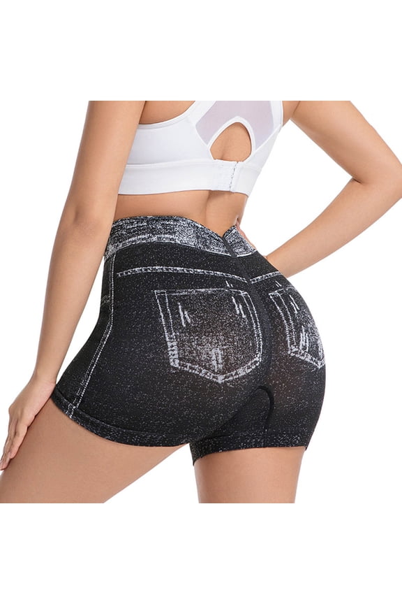 Womens Scrunch Butt Lifting Shorts Faux Denim Gym Booty Shorts Seamless High Waist Workout Yoga Biker Jean Shorts Black L