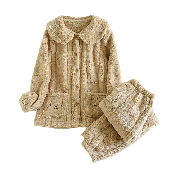 QQAMB Womens Sets Long Sleeve Lapel Button Plush Warm Coat+Pants Cute Bear Print 2 Piece Set Homewear Pajamas Set Khaki M