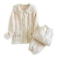 thumbnail image 1 of QQAMB Womens Sets Long Sleeve Lapel Button Plush Warm Coat+Pants Cute Bear Print 2 Piece Set Homewear Pajamas Set White M, 1 of 8