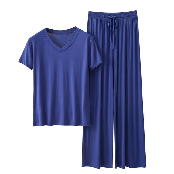 DeHolifer Womens Sets Plus Size Modal V-Neck Short Sleeve Pullover and Drawstring Long Pants Loungewear 2 Piece Sets Blue XL
