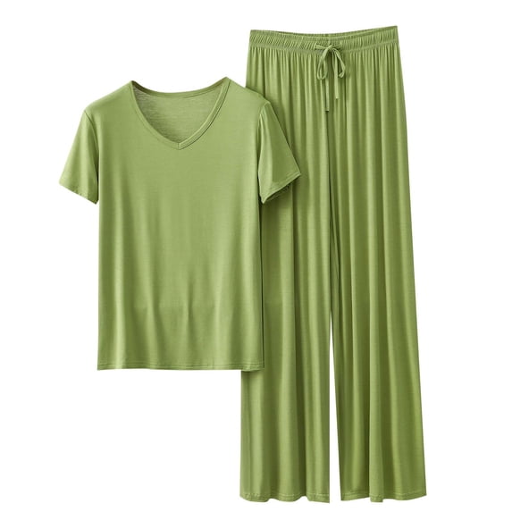 DeHolifer Womens Sets Plus Size Modal V-Neck Short Sleeve Pullover and Drawstring Long Pants Loungewear 2 Piece Sets Green XL