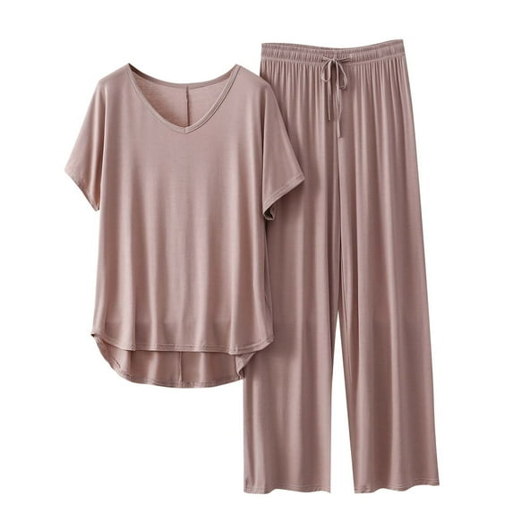 QQAMB Womens Sets Plus Size Modal V-Neck Short Sleeve Pullover and Drawstring Long Pants Loungewear 2 Piece Sets Khaki XL