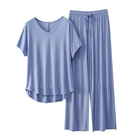 DeHolifer Womens Sets Plus Size Modal V-Neck Short Sleeve Pullover and Drawstring Long Pants Loungewear 2 Piece Sets Light Blue L