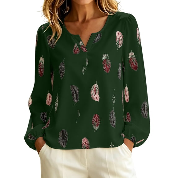 DeHolifer Womens Shirts Oversized V-Neck Casual Printed Long Sleeve Loose Fall Plus Size Blouse Tops Green 4XL