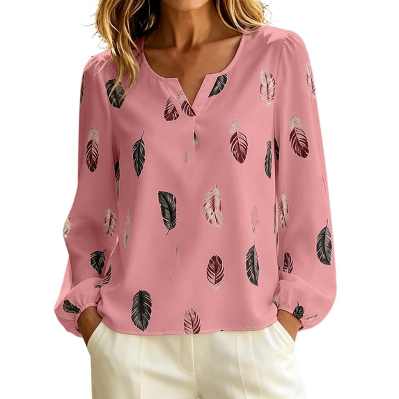 DeHolifer Womens Shirts Oversized V-Neck Casual Printed Long Sleeve Loose Fall Plus Size Blouse Tops Pink L