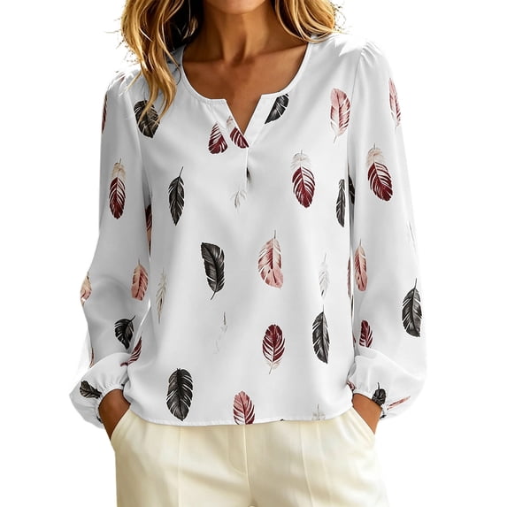 DeHolifer Womens Shirts Oversized V-Neck Casual Printed Long Sleeve Loose Fall Plus Size Blouse Tops White M