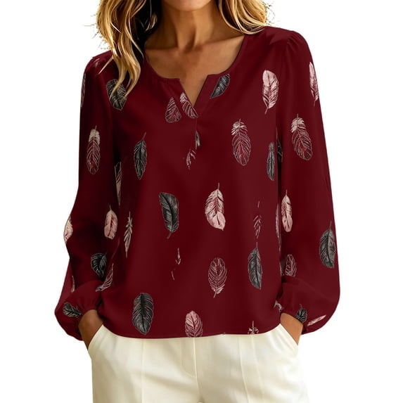 DeHolifer Womens Shirts Oversized V-Neck Casual Printed Long Sleeve Loose Fall Plus Size Blouse Tops Wine XL